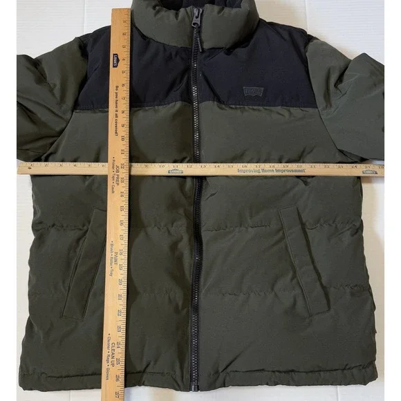 LEVIS - Men's Stand Collar Logo Puffer Jacket - Olive‎ Black - Size Large